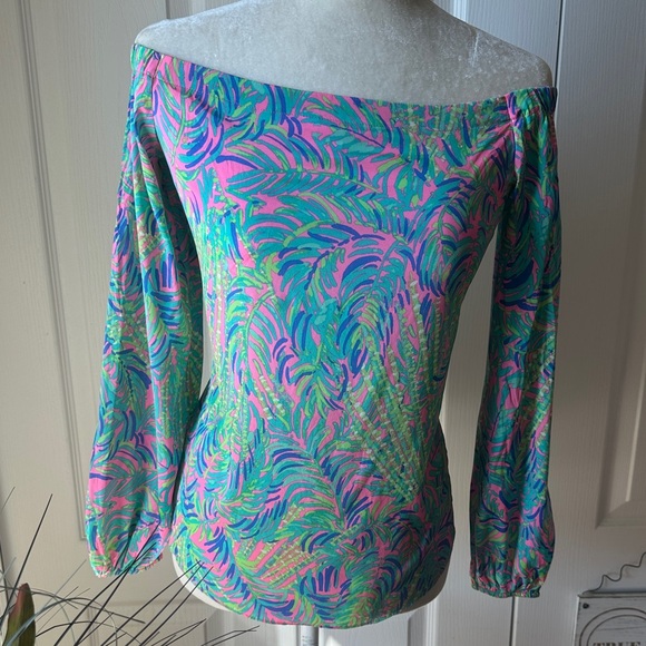 Lilly Pulitzer Tops - Lilly Pulitzer silk Pink and Green Off-Shoulder Blouse